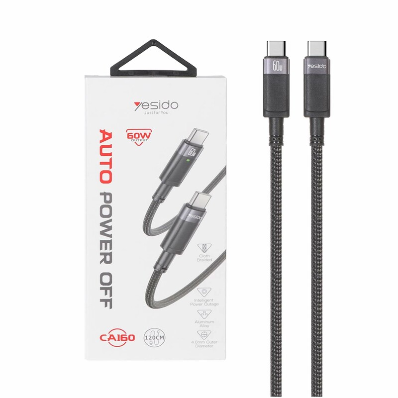 کابل شارژ 1.2 متری PD و فست Yesido Type-C To Type-C مدل CA160 60W - مشکی