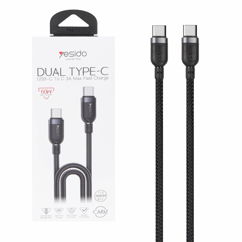 کابل شارژ فست 2 متری Yesido Type-C To Type-C مدل CA192 60W - مشکی