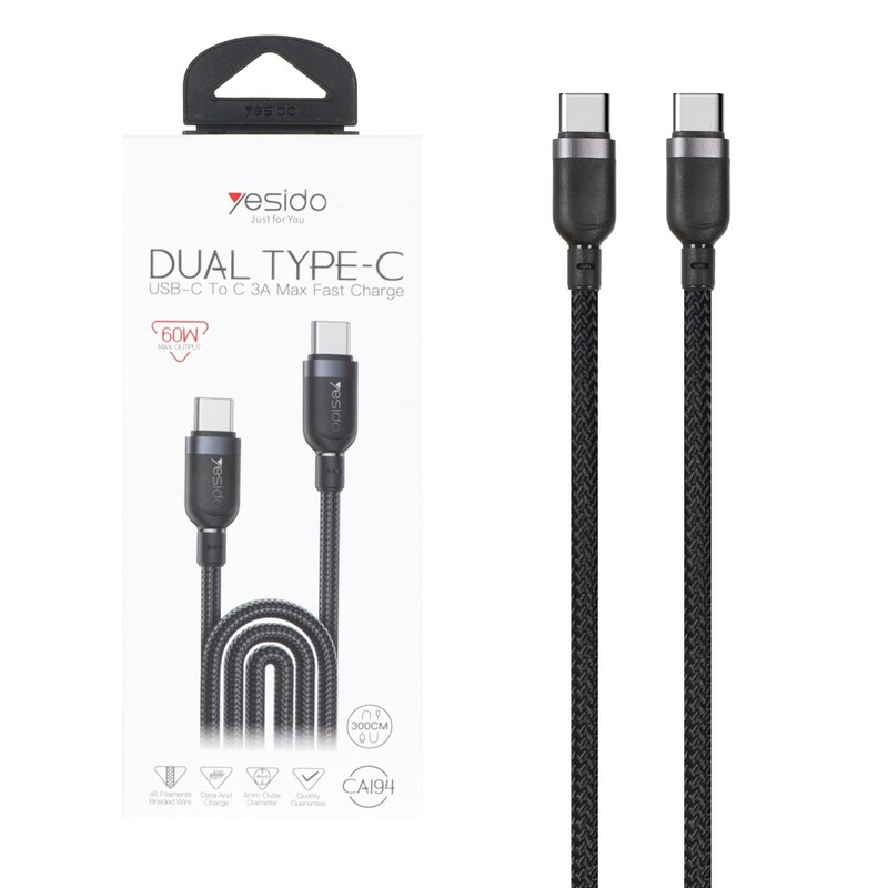 کابل شارژ فست 3 متری Yesido Type-C To Type-C مدل CA194 60W - مشکی