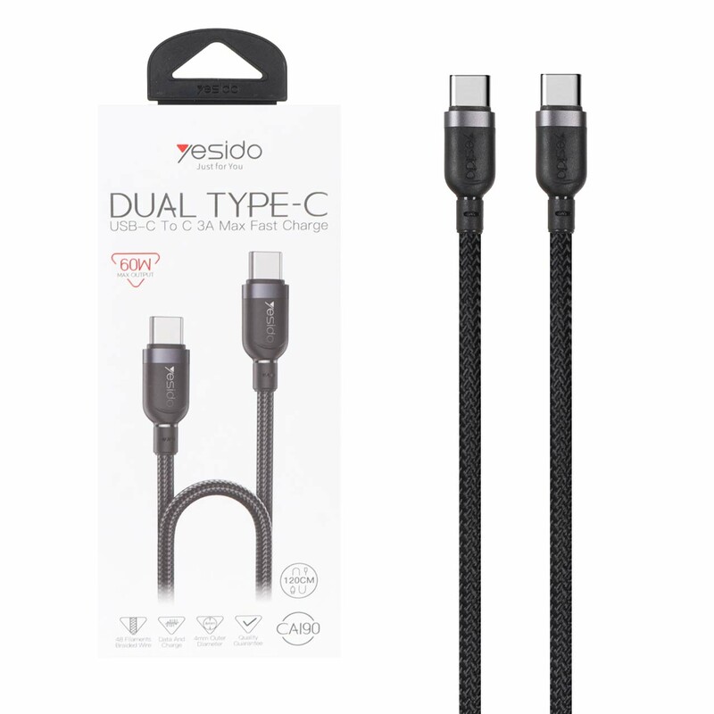 کابل شارژ فست 1.2 متری Yesido Type-C To Type-C مدل CA190 60W - مشکی