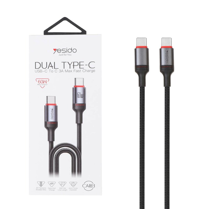 کابل شارژ 2 متری فست Yesido Type-C To Type-C مدل CA183 60W - مشکی