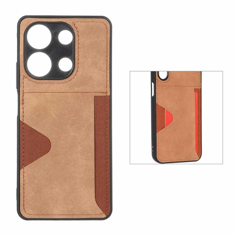 قاب جیر دوخت دار جاکارتی محافظ لنزدار Xiaomi Redmi Note 13 4G - قهوه ای