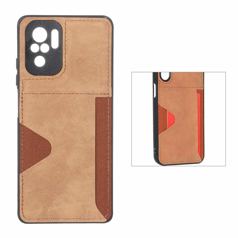 قاب جیر دوخت دار جاکارتی محافظ لنزدار Xiaomi Redmi Note 10 4G / Redmi Note 10S / Poco M5S - قهوه ای