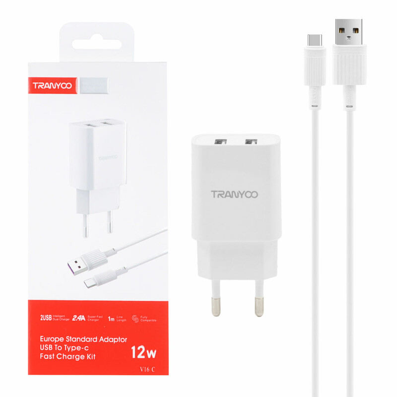 شارژر دیواری 12W فست دو پورت TRANYOO مدل V16 به همراه کابل شارژ Type-C - سفید