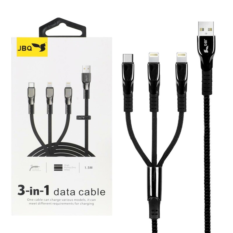 کابل شارژ 1.5 متری فست سه کاره JBQ مدل DT-U33 - مشکی (گارانتی یکساله رصاصی)