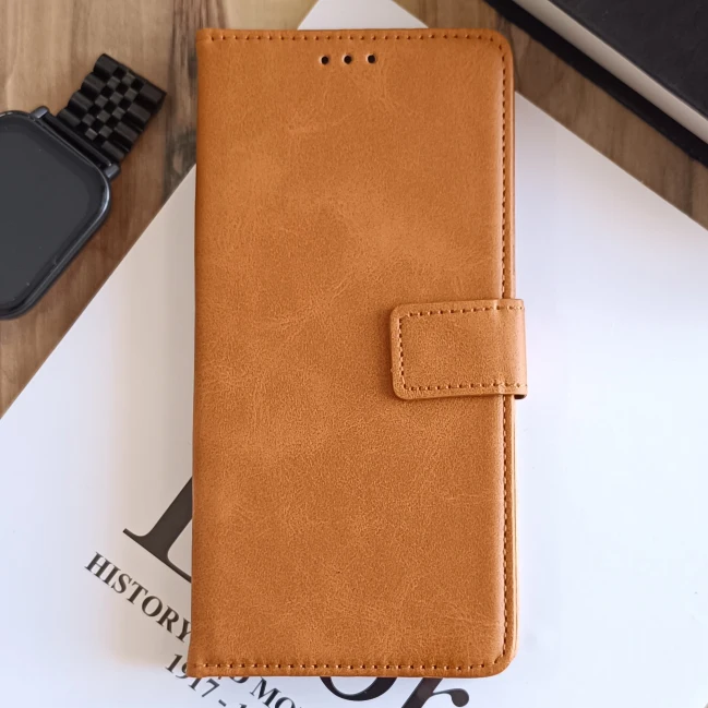 کیف چرمی موبایل مگنتی محافظ لنز دار  Samsung Galaxy A54 - عسلی