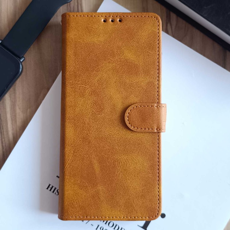 کیف چرمی موبایل مگنتی محافظ لنز دار  Samsung Galaxy A07 -  عسلی