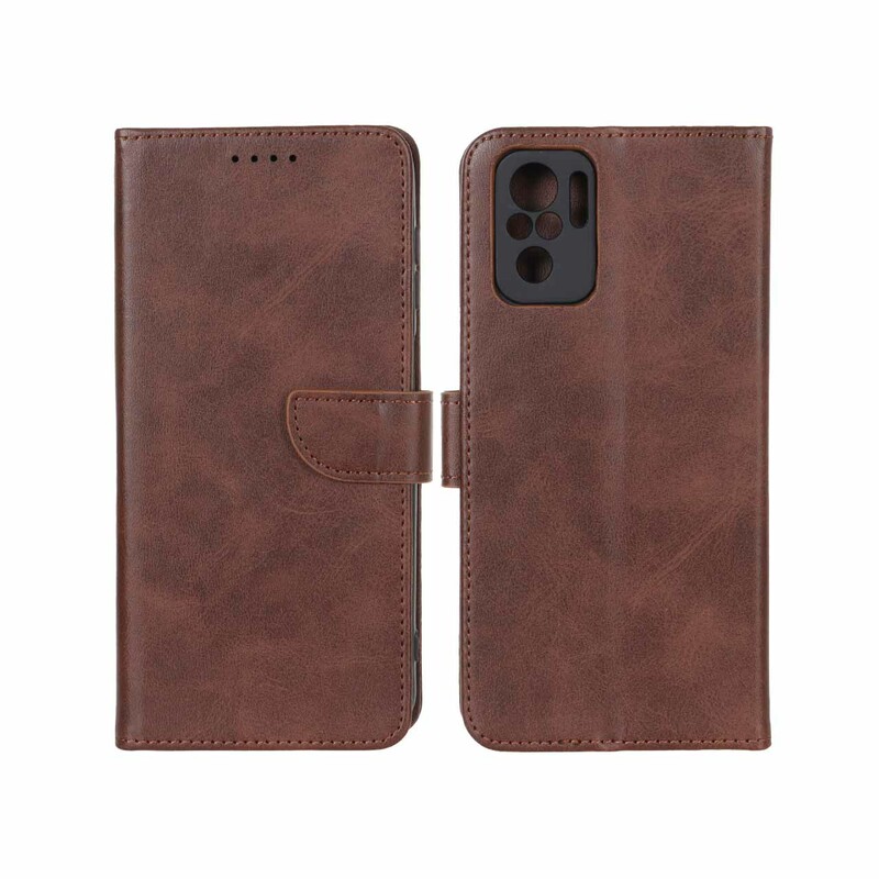 کیف چرمی موبایل مگنتی محافظ لنزدار Xiaomi Redmi Note 10 4G / Redmi Note 10S / Poco M5S - قهوه ای