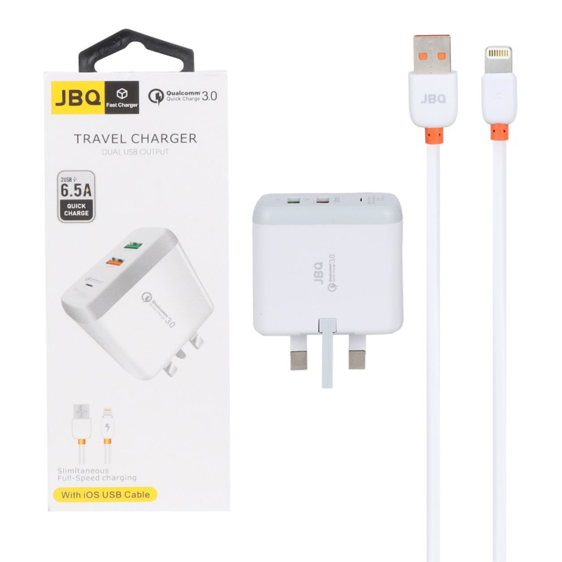 شارژر دیواری فست دو پورت JBQ مدل F-2USB 18W همراه با کابل آیفون - سفید (گارانتی یکساله رصاصی)