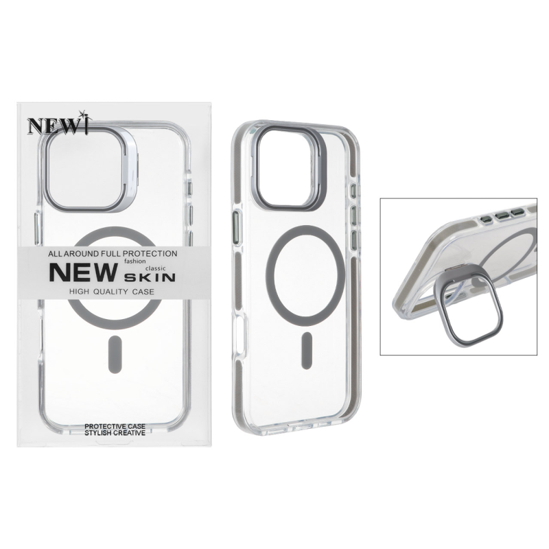 قاب اورجینال New Skin شفاف کریستالی MagSafe لنز استندشو Apple iPhone 16 Pro Max - خاکستری (پک دار)