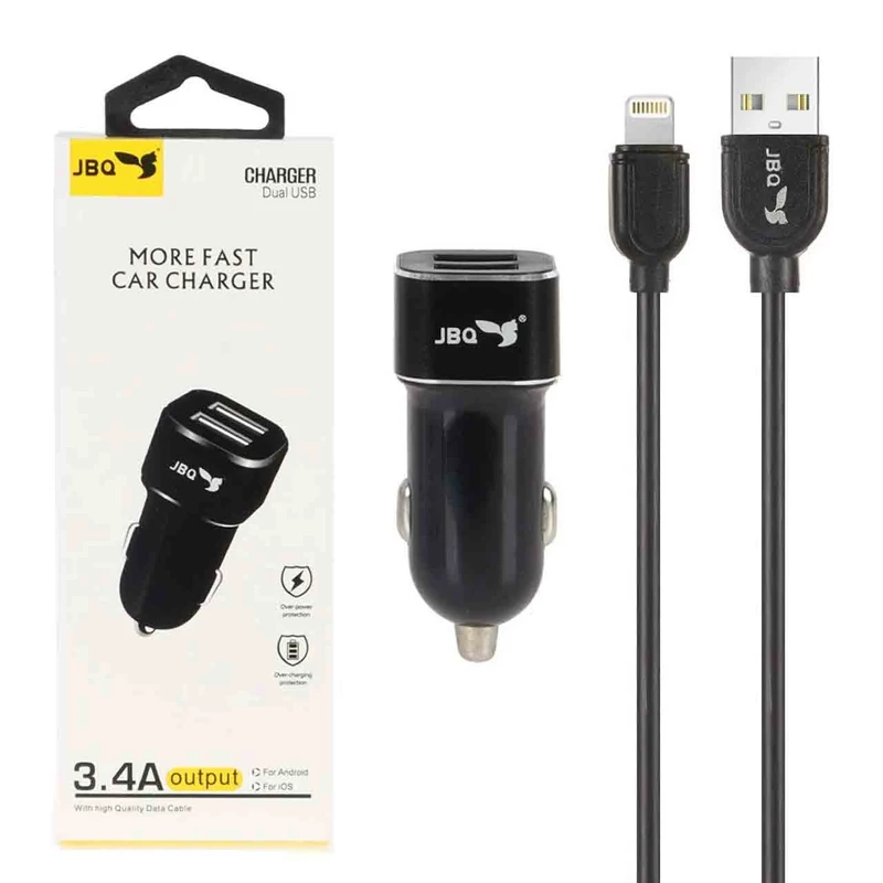 شارژر فندکی فست دو پورت JBQ مدل CN-45 18W همراه با کابل آیفون - مشکی (گارانتی یکساله رصاصی)