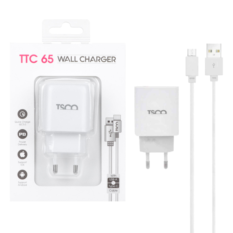 شارژر دیواری PD و فست دو پورت 20 وات TSCO مدل TTC 65 همراه با کابل شارژ TYPE-C - سفید