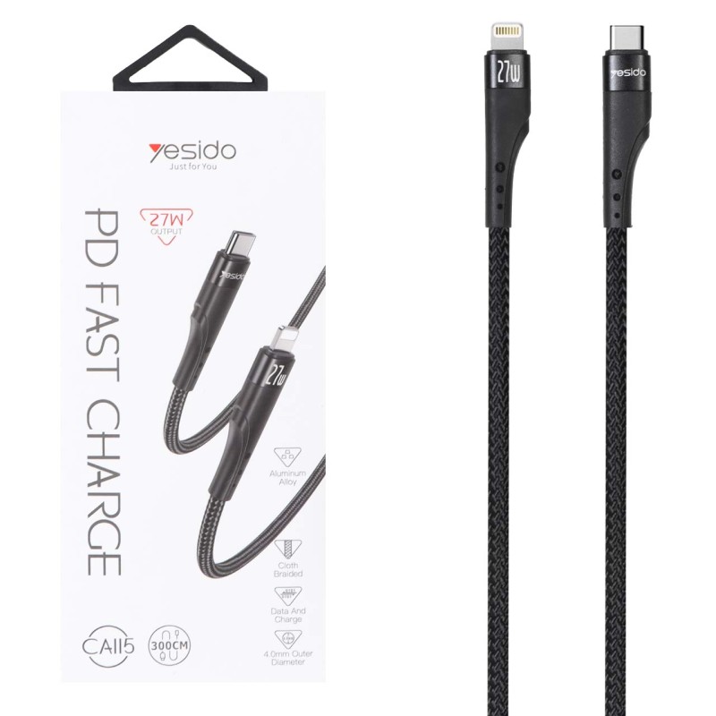 کابل شارژ 3 متری PD و فست Yesido Type-C To Lightning مدل CA115 27W - مشکی (گارانتی 18 ماه تعویض نیکان همراه)