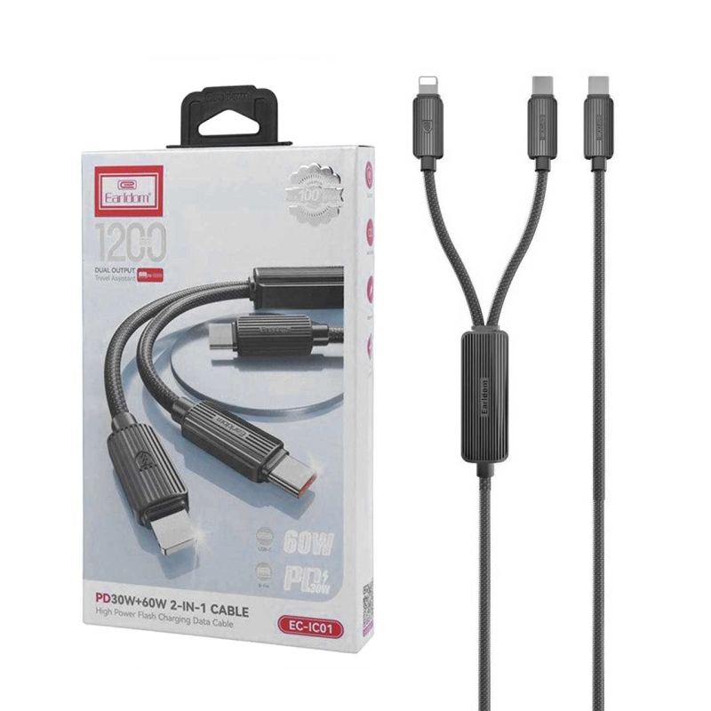 کابل شارژ 2 کاره 1.2 متری PD و فست Earldom Type-C to Type-C & Lightning مدل EC-IC01 60W - مشکی