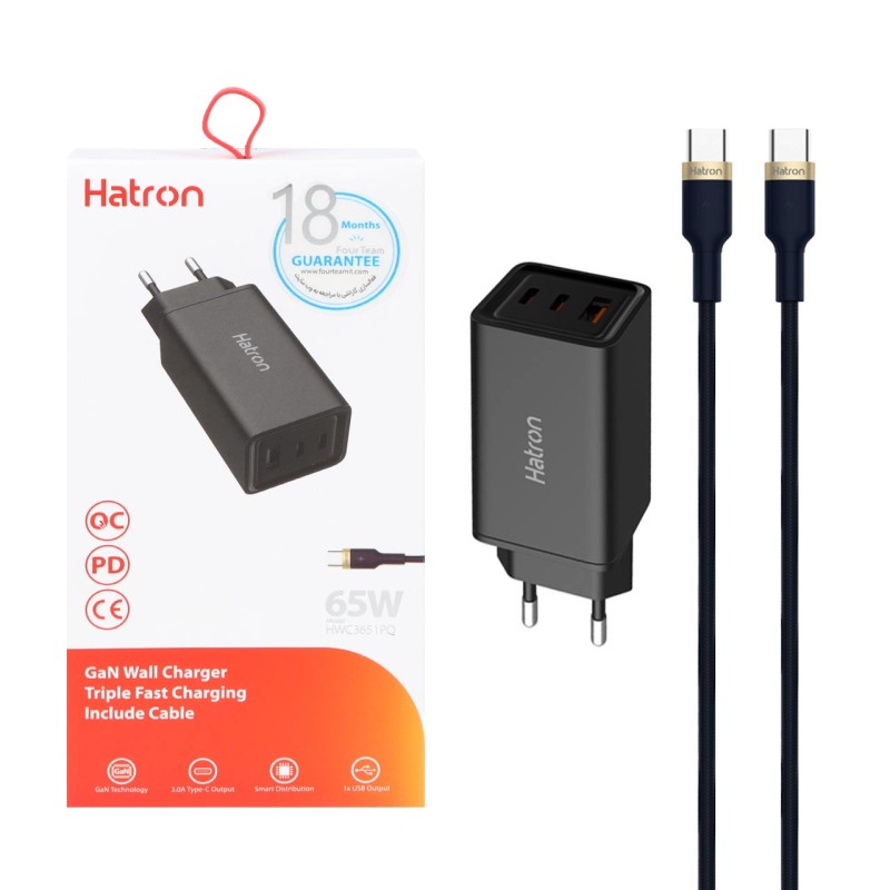 شارژر دیواری 65W فست و PD سه پورت Hatron مدل HWC3651PQ به همراه کابل شارژ Type-C - مشکی