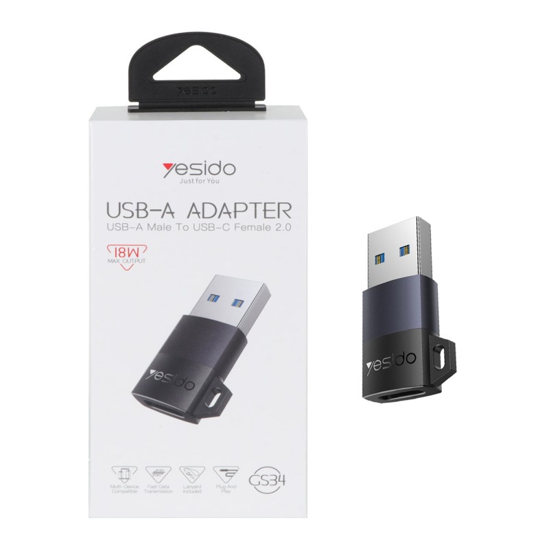 تبدیل  Yesido USB To Type-C  مدل GS34 18W - مشکی (گارانتی 18 ماه تعویض نیکان همراه)