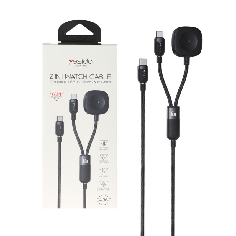 کابل شارژ 1.2 متری فست Type-C to Type-C و شارژر وایرلس yesido مدل CA136C 60W - مشکی (گارانتی 18 ماه تعویض نیکان همراه)