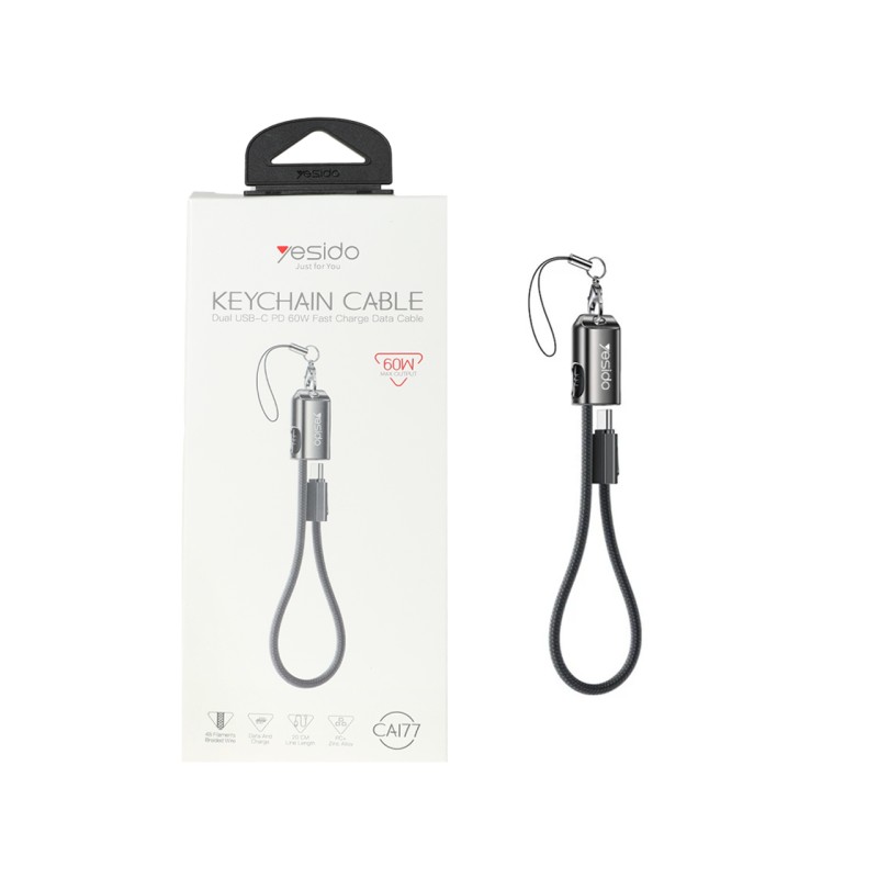 کابل شارژ فست 20 سانتی Yesido Type-C To Type-C و جاسوئیچی مدل CA177 60W - مشکی (گارانتی 18 ماه تعویض نیکان همراه)