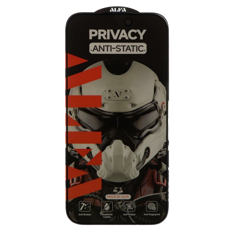 محافظ صفحه نمایش شیشه ای Full Cover ALFA Anti Static Privacy مدل Apple iPhone 15 Pro (بدون پک)