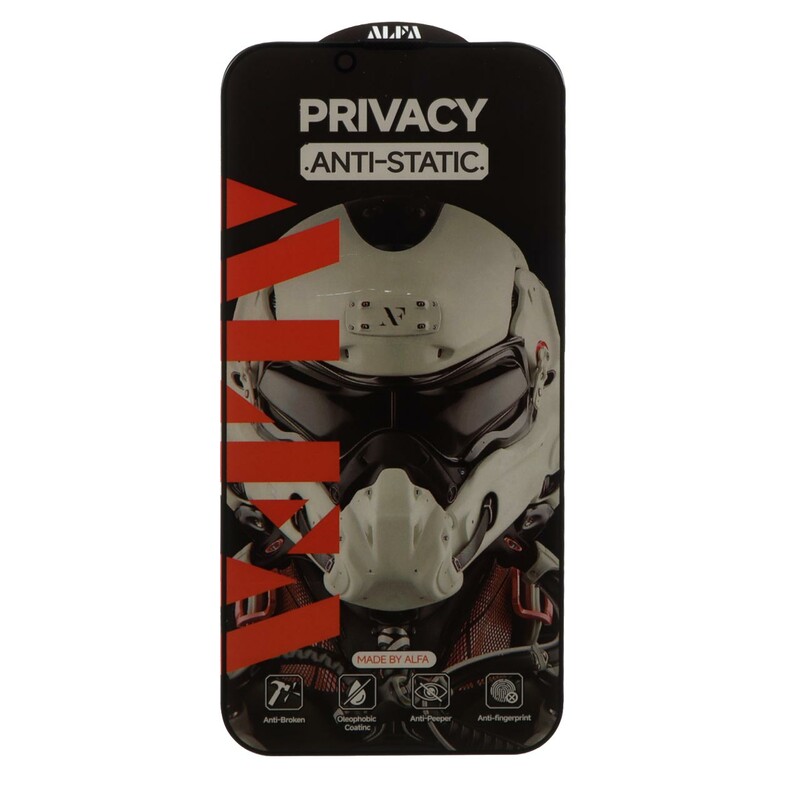 محافظ صفحه نمایش شیشه ای Full Cover ALFA Anti Static Privacy مدل Apple iPhone 13 / iPhone 13 Pro / iPhone 14 / 16e (بدون پک)