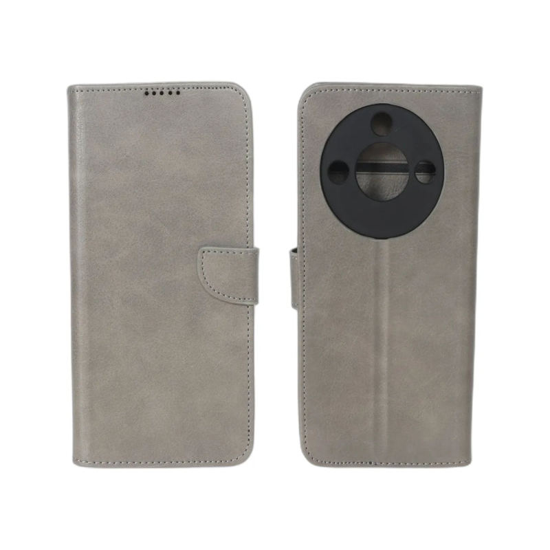 کیف چرمی موبایل مگنتی محافظ لنزدار Honor X9c Smart 5G - طوسی