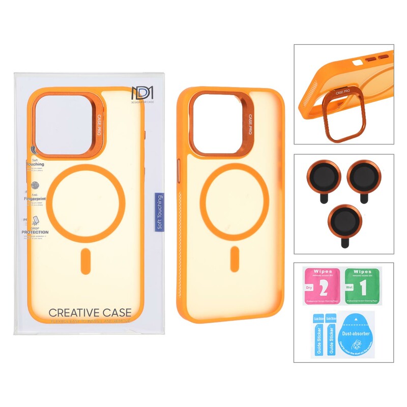 قاب Case Pro لنز آلومینیومی مات Magsafe با ست محافظ لنز رینگی مدل Apple iPhone 15 Pro Max - نارنجی (پک دار)