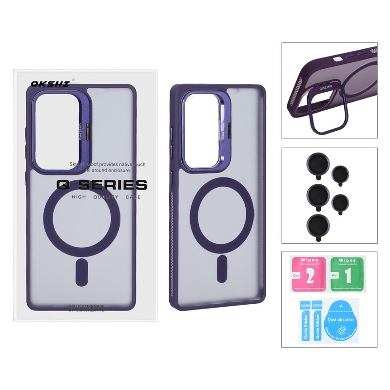 قاب Case Pro لنز آلومینیومی مات Magsafe با ست محافظ لنز رینگی مدل Samsung Galaxy S25 Ultra - بنفش (پک دار)