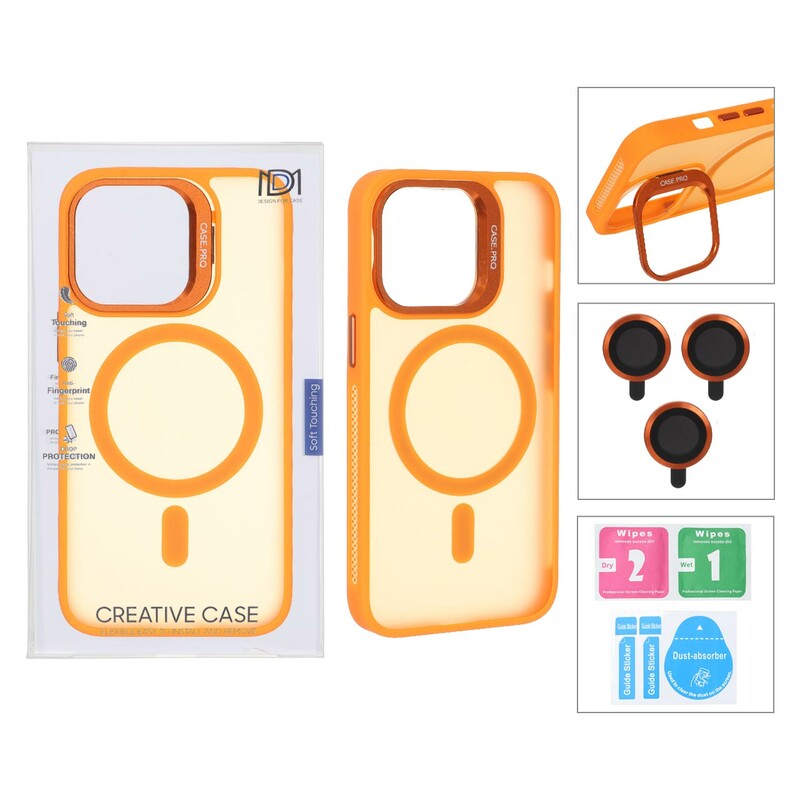 قاب Case Pro لنز آلومینیومی مات Magsafe با ست محافظ لنز رینگی مدل Apple iPhone 13 Pro - نارنجی (پک دار)