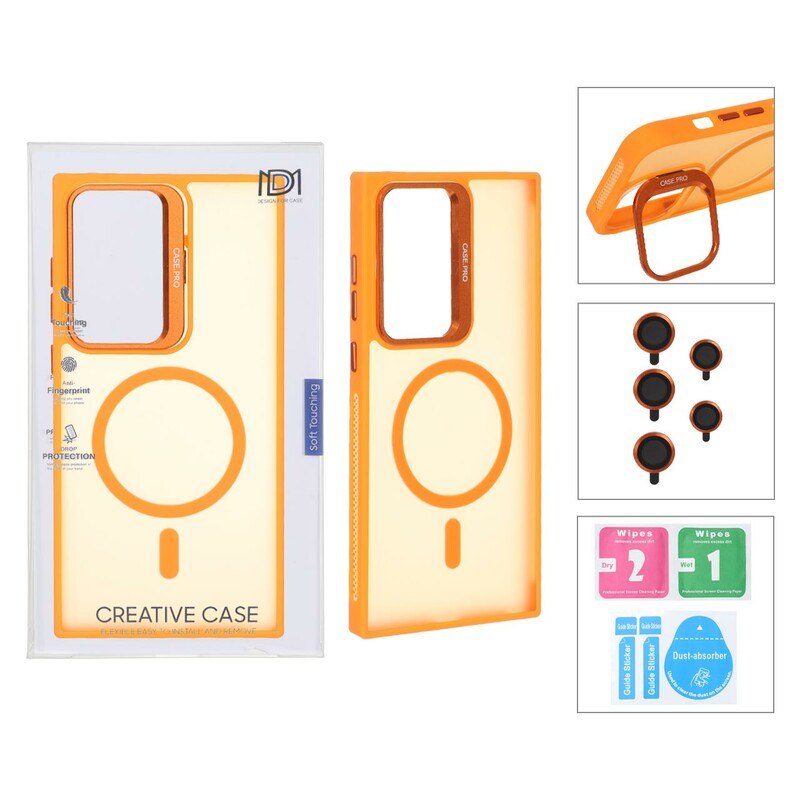 قاب Case Pro لنز آلومینیومی مات Magsafe با ست محافظ لنز رینگی مدل Samsung Galaxy S23 Ultra - نارنجی (پک دار)