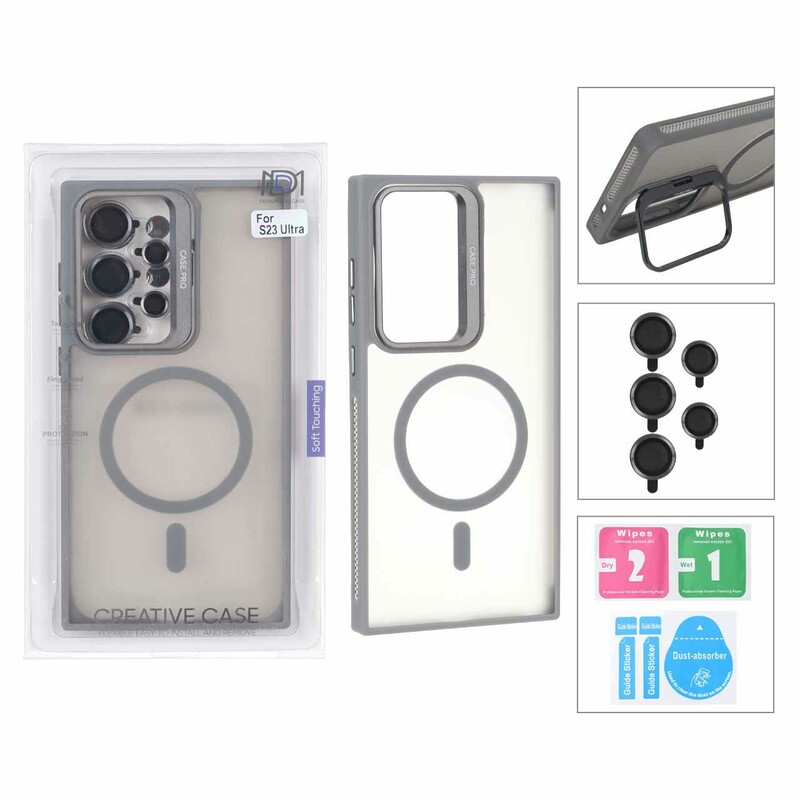 قاب Case Pro لنز آلومینیومی مات Magsafe با ست محافظ لنز رینگی مدل Samsung Galaxy S23 Ultra - خاکستری (پک دار)