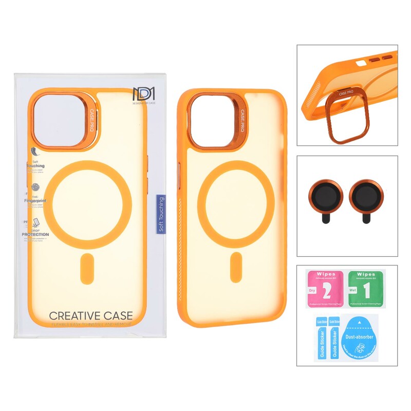 قاب Case Pro لنز آلومینیومی مات Magsafe با ست محافظ لنز رینگی مدل Apple iPhone 13 / iPhone 14 - نارنجی (پک دار)