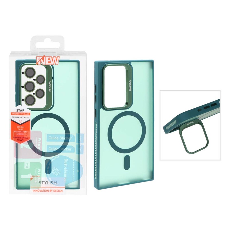 قاب Case Pro لنز آلومینیومی مات Magsafe با ست محافظ لنز رینگی مدل Samsung Galaxy S24 Ultra - سبز (پک دار)