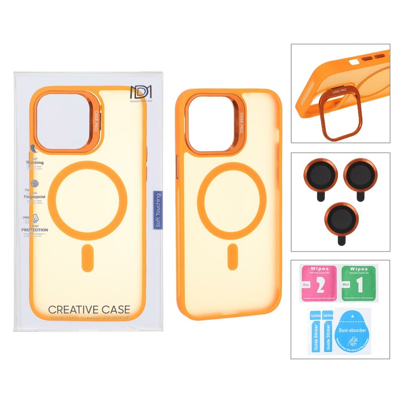 قاب Case Pro لنز آلومینیومی مات Magsafe با ست محافظ لنز رینگی مدل Apple iPhone 13 Pro Max - نارنجی (پک دار)