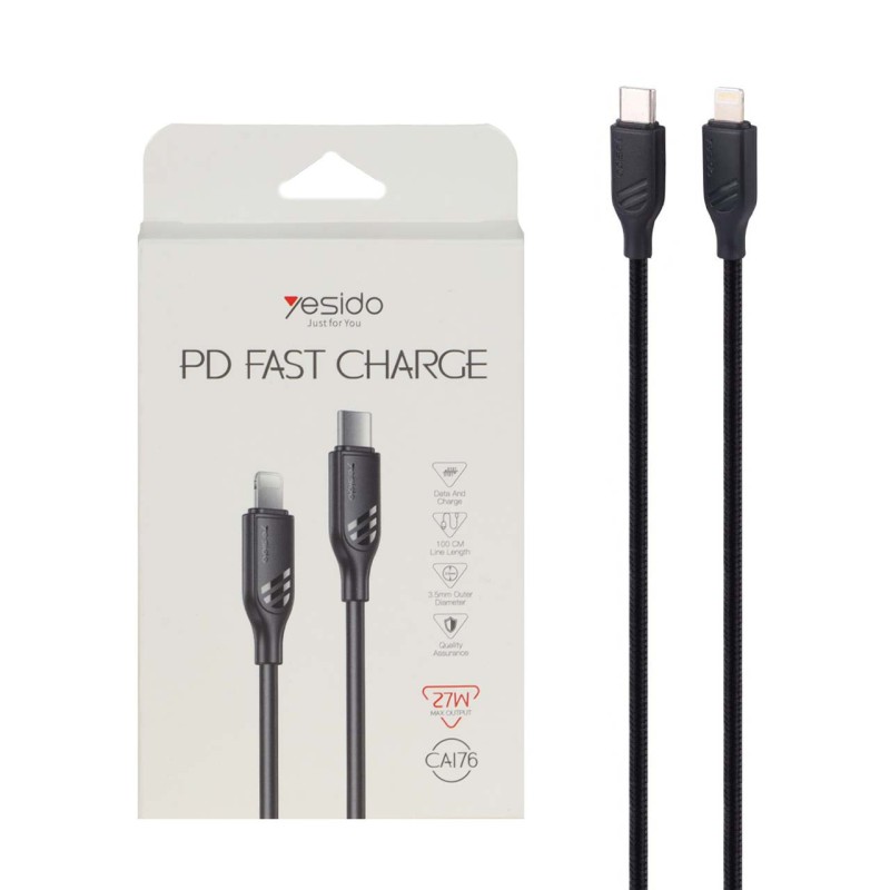 کابل شارژ فست Yesido Type-C to Lightning مدل CA176 27W - مشکی (گارانتی 18 ماه تعویض نیکان همراه)