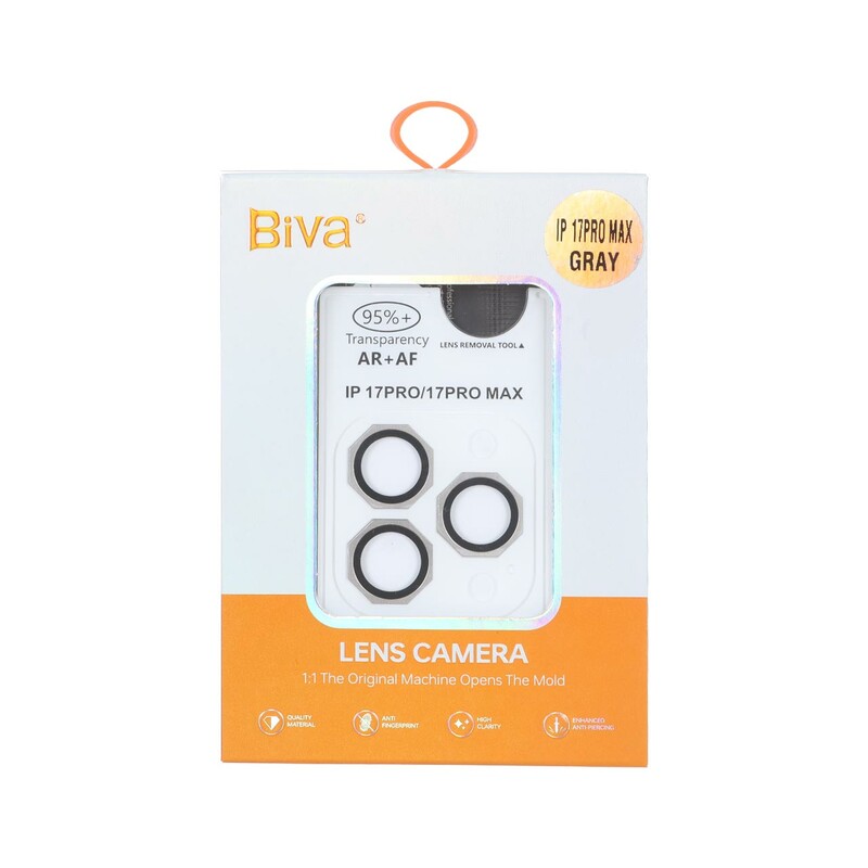 محافظ لنز رینگی اورجینال Biva شابلون دار AR AF مدل Apple iPhone 17 Pro Max / 17 Pro - خاکستری روشن (پک دار)