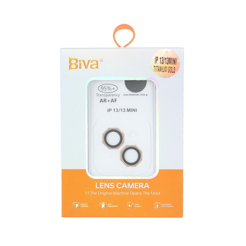 محافظ لنز رینگی اورجینال Biva شابلون دار AR AF مدل Apple iPhone 13 / 13 Mini - طلایی (پک دار)