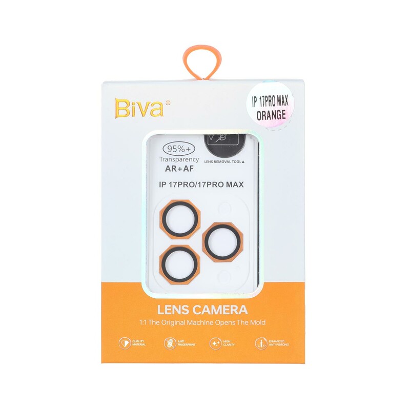 محافظ لنز رینگی اورجینال Biva شابلون دار AR AF مدل Apple iPhone 17 Pro Max / 17 Pro - نارنجی (پک دار)