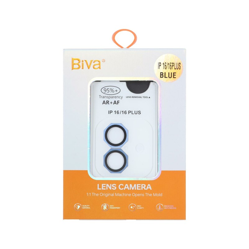 محافظ لنز رینگی اورجینال Biva شابلون دار AR AF مدل Apple iPhone 16 / iPhone 16 Plus - آبی (پک دار)