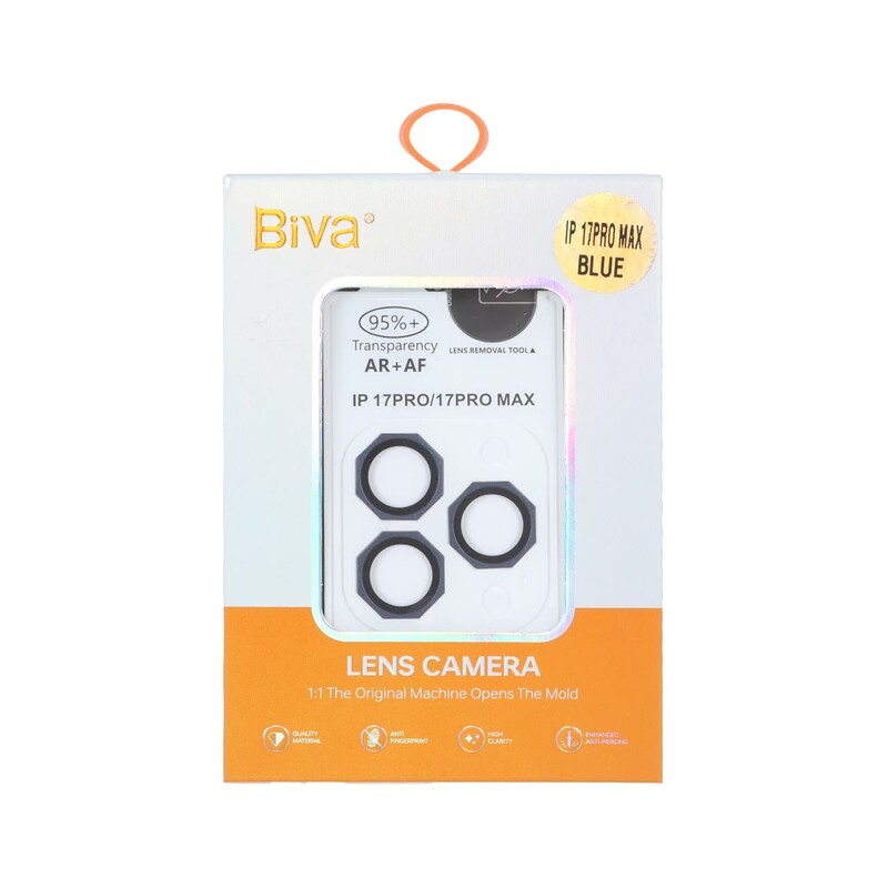 محافظ لنز رینگی اورجینال Biva شابلون دار AR AF مدل Apple iPhone 17 Pro Max / 17 Pro - آبی تیره (پک دار)