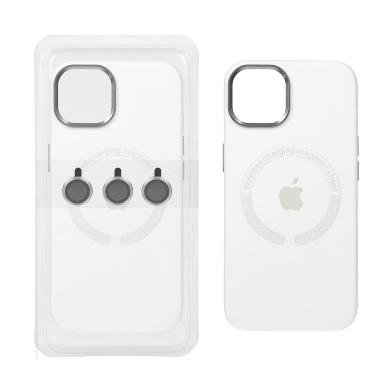 قاب سیلیکونی اورجینال Magsafe با ست محافظ لنز رینگی Apple iPhone 13 / iPhone 14 - سفید (پک دار)