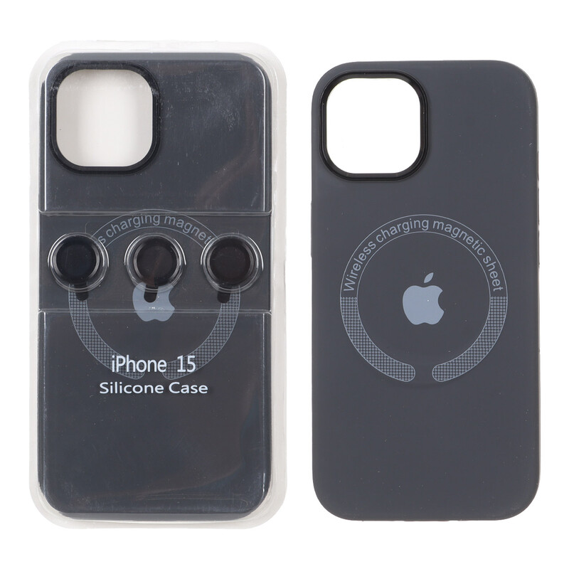 قاب سیلیکونی اورجینال Magsafe با ست محافظ لنز رینگی Apple iPhone 15 / iPhone 14 / iPhone 13 - خاکستری (پک دار)