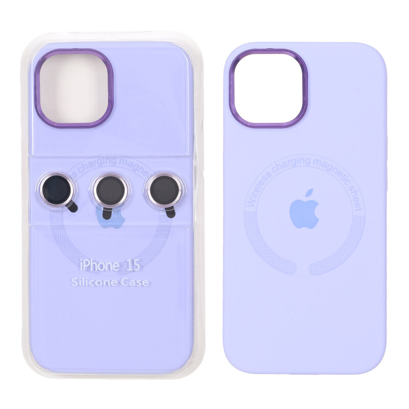 قاب سیلیکونی اورجینال Magsafe با ست محافظ لنز رینگی Apple iPhone 15 / iPhone 14 / iPhone 13 - یاسی (پک دار)