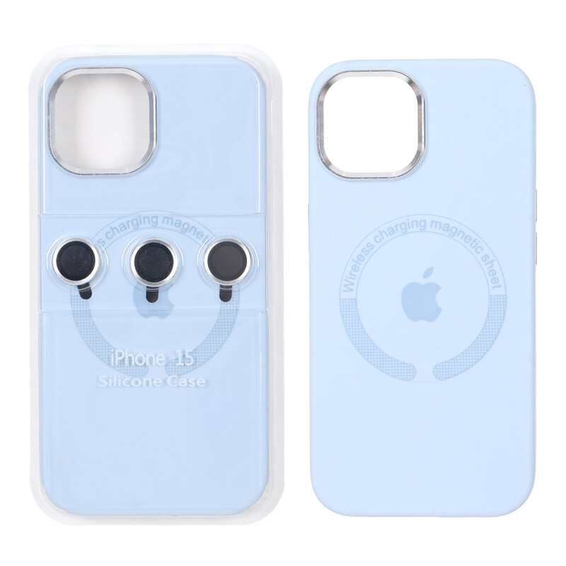 قاب سیلیکونی اورجینال Magsafe با ست محافظ لنز رینگی Apple iPhone 15 / iPhone 14 / iPhone 13 - آبی کبریتی (پک دار)