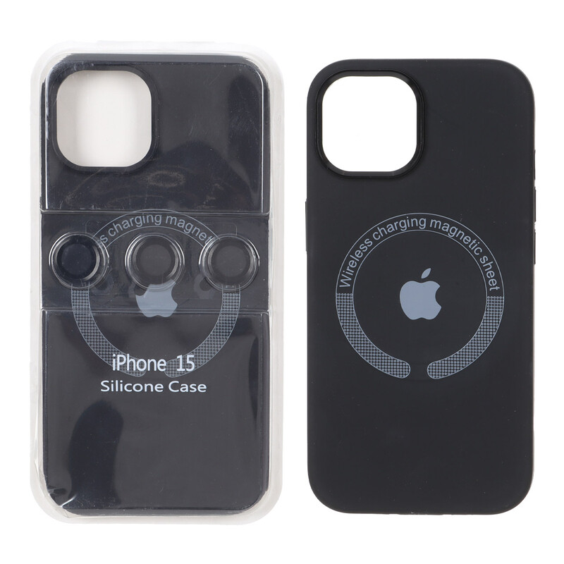 قاب سیلیکونی اورجینال Magsafe با ست محافظ لنز رینگی Apple iPhone 15 / iPhone 14 / iPhone 13 - مشکی (پک دار)