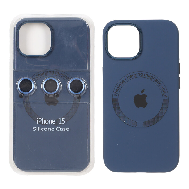 قاب سیلیکونی اورجینال Magsafe با ست محافظ لنز رینگی Apple iPhone 15 / iPhone 14 / iPhone 13 - سرمه ای (پک دار)