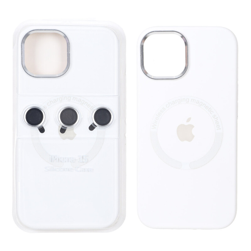 قاب سیلیکونی اورجینال Magsafe با ست محافظ لنز رینگی Apple iPhone 15 / iPhone 14 / iPhone 13 - سفید (پک دار)