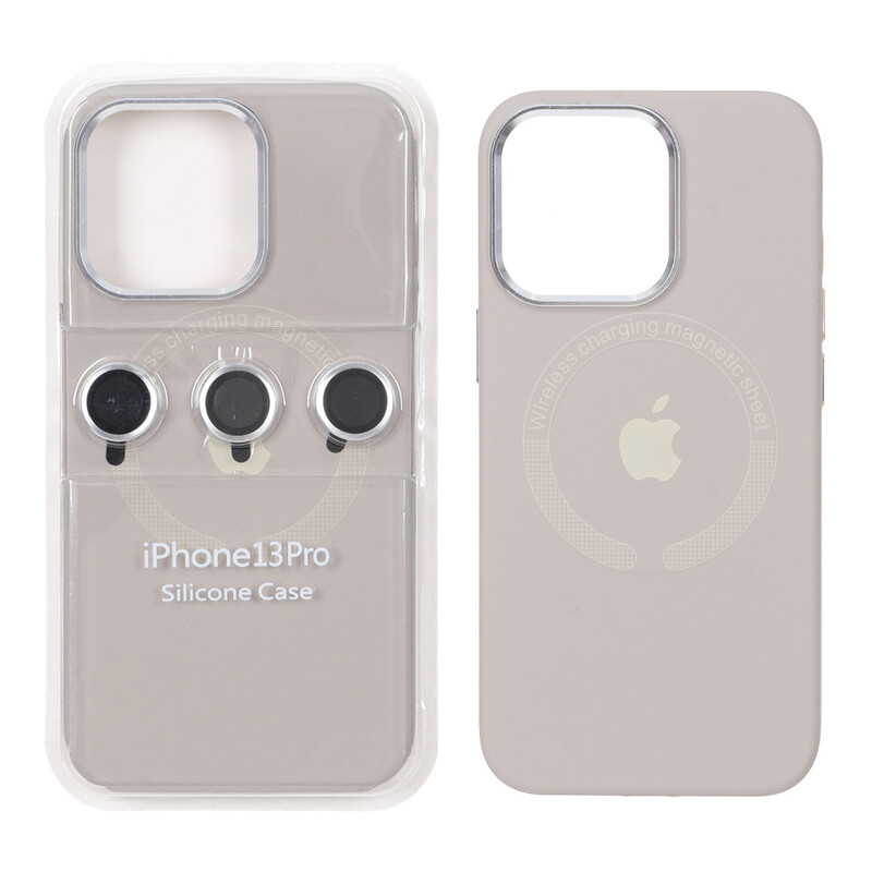 قاب سیلیکونی اورجینال Magsafe با ست محافظ لنز رینگی Apple iPhone 13 Pro - خاکی (پک دار)