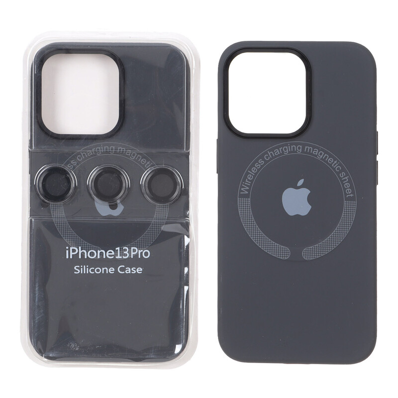 قاب سیلیکونی اورجینال Magsafe با ست محافظ لنز رینگی Apple iPhone 13 Pro - خاکستری (پک دار)