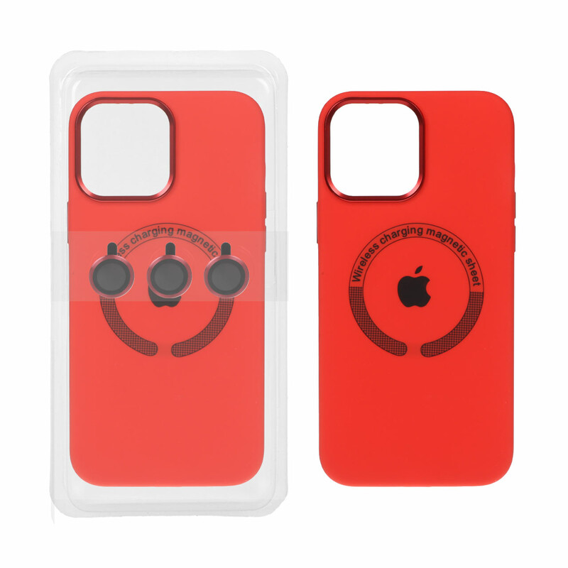 قاب سیلیکونی اورجینال Magsafe با ست محافظ لنز رینگی Apple iPhone 15 Pro Max - قرمز (پک دار)