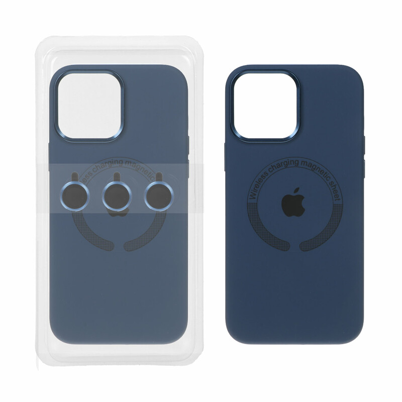قاب سیلیکونی اورجینال Magsafe با ست محافظ لنز رینگی Apple iPhone 15 Pro Max - سرمه ای (پک دار)